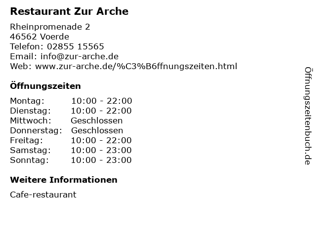 ffnungszeiten Restaurant Zur Arche Rheinpromenade 2 in Voerde